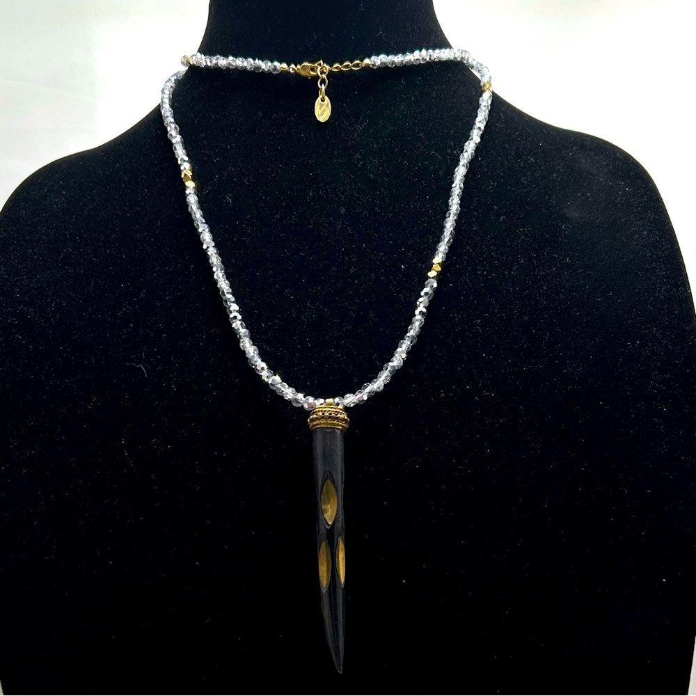 Betsy Pittard Designs, Silver Clear & Gold Crystal Long Necklace, Horn Pendant